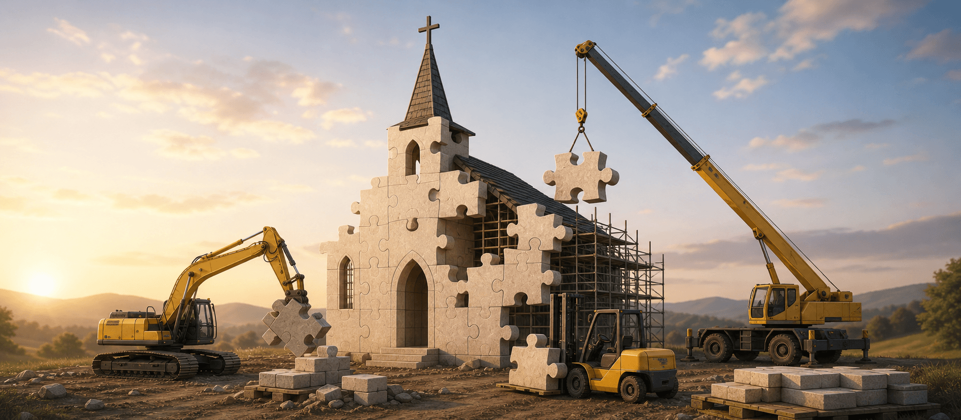 A church surrounded by work-in-progress markings and caution tape